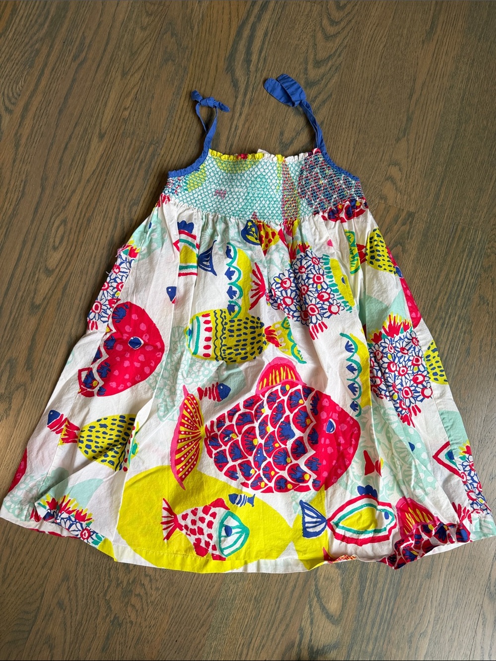 Mini Boden Bright Fish Print Sundress in White, Pink, Yellow, Blue, Green